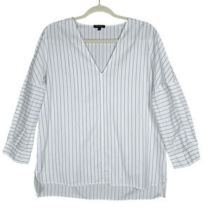 Massimo Dutti Top Women 8 V Neck Cotton Poplin Popover Striped Business Casual